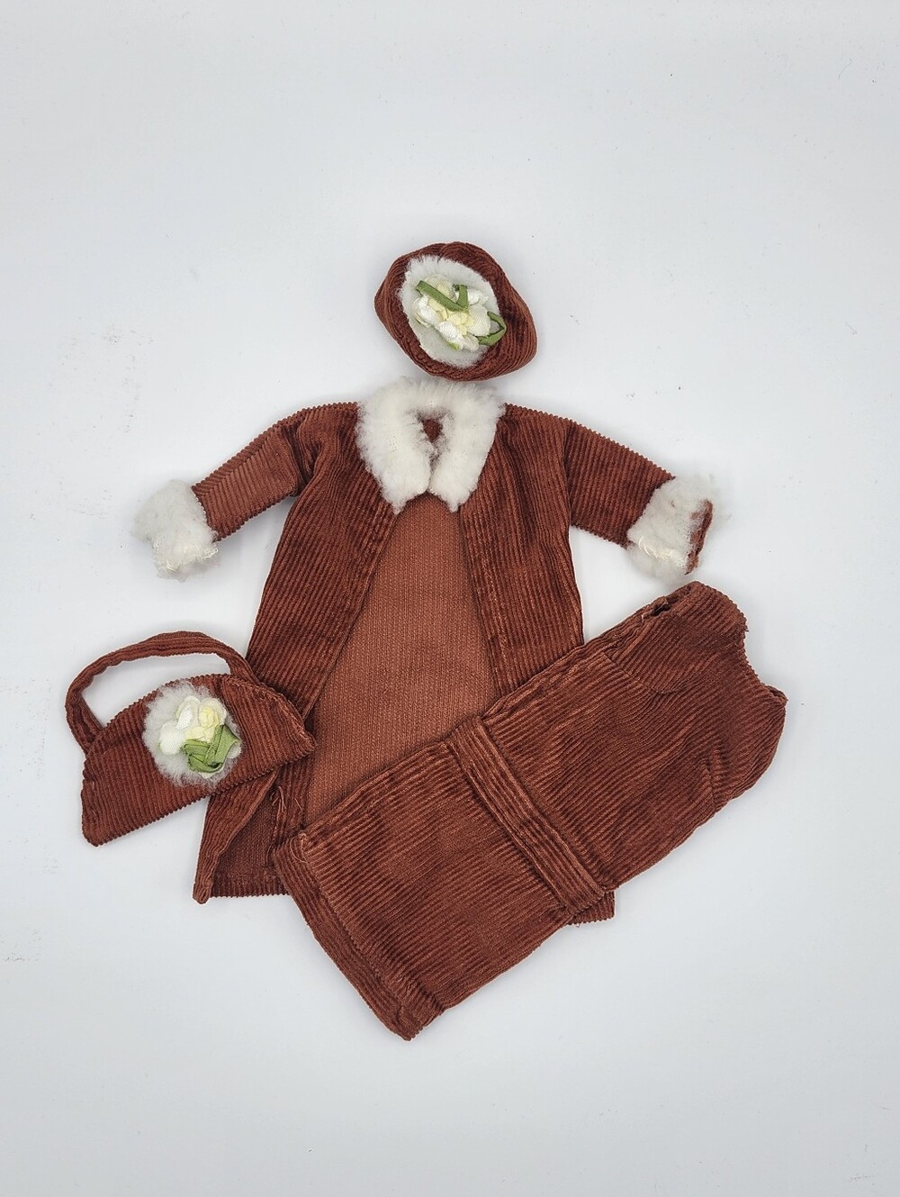 Vintage Barbie Handmade Corduroy Coat Hat Purse Set Brown Rust